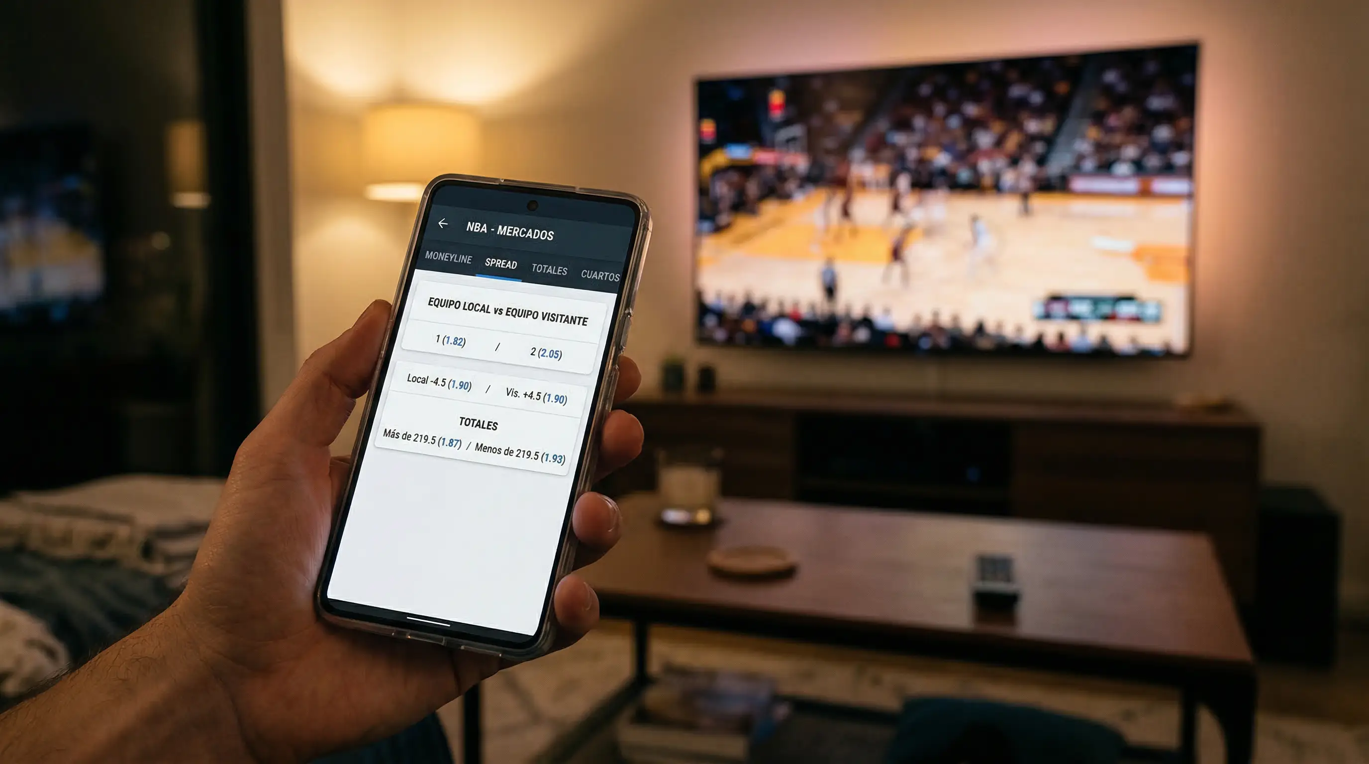 Interfaz de apuestas deportivas con mercados NBA de moneyline spread y totales de puntos