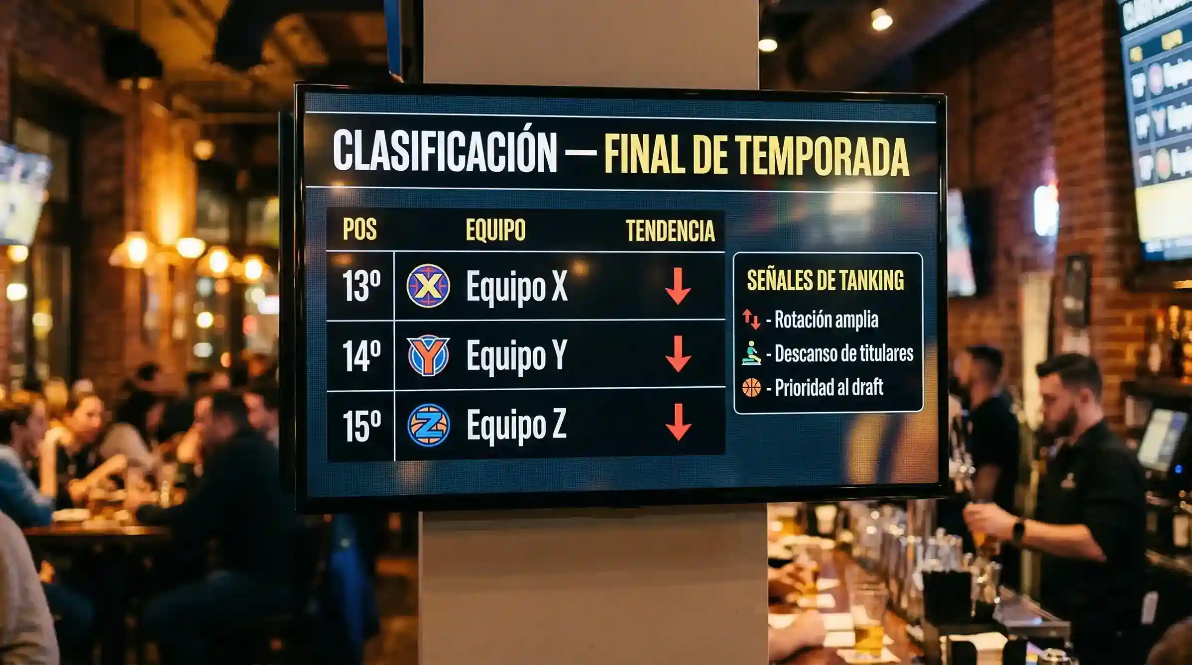 Tabla de clasificación NBA mostrando equipos en zona baja con flechas descendentes